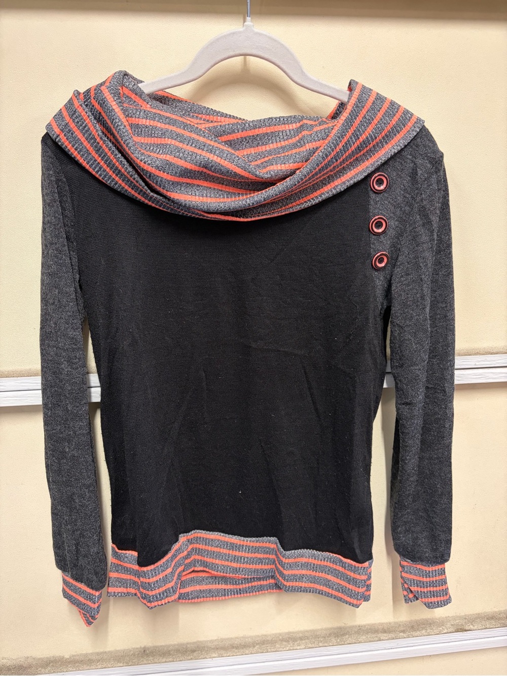 Women’s Y2K Black and Gray Cowl Neck Sweater with Coral Stripe Trim